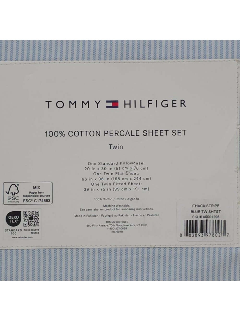 Tommy Hilfiger 100% Cotton Percale Twin Sheet Set In Blue & White Stripe Pattern - Picture 7 of 11